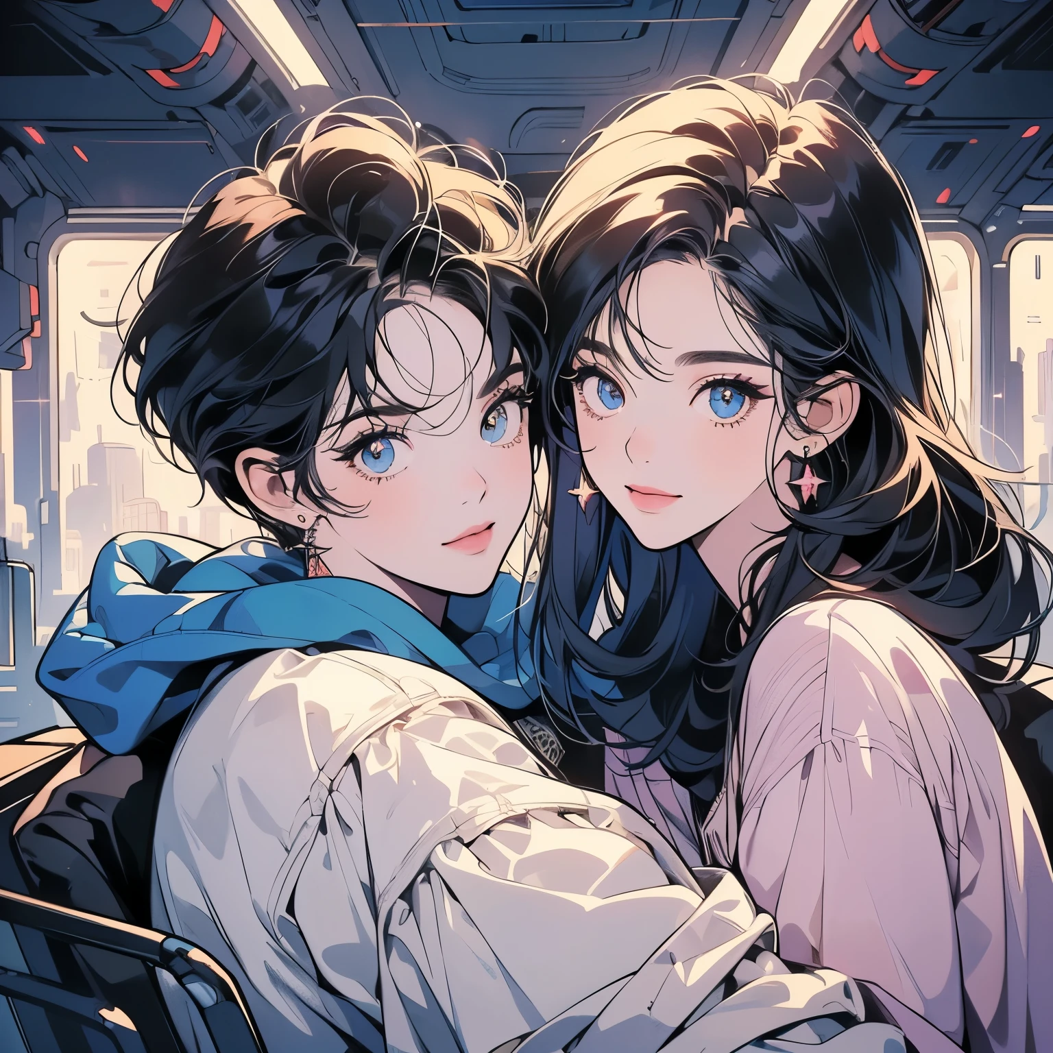  (((beautiful "Two women" leaning against each other))), inside a spaceship, perfect machine,  perfect face, zero gravity, outer space, lots of wires, switchboard, perfect and detailed machine, detailed hair, (((Various angles))), most beautiful woman alive, (((head shot))) , Super detailed background, top quality,Various unique hairstyles, Ghost in the Shell, sparkling eyes, Outer space in the background, Unique and perfect face, Pale Lighting,  (((Various eyes colors))), (((Snuggle up like a lover))), short hair,smile, Separate eye color, separate hair styles,glasses
