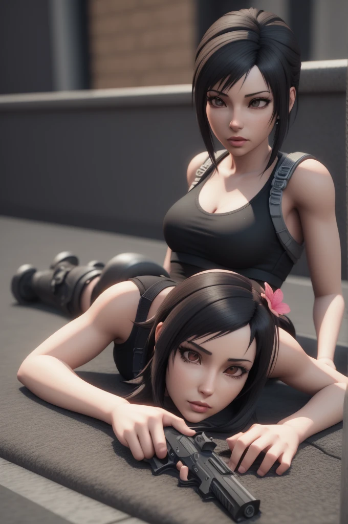 there is a woman laying on the ground with a gun, tifa, relaxed pose, tifa lockhart, kunoichi, 3 d anime realistic, anime styled 3d, tifa lockheart, 🌺 cgsociety, high definition cgsociety, realistic anime 3 d style, stunning cgsociety, daz 3d, daz 3 d, daz3d