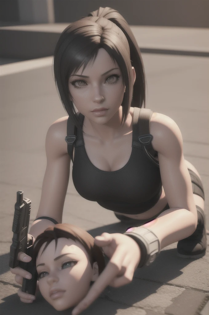 there is a woman laying on the ground with a gun, tifa, relaxed pose, tifa lockhart, kunoichi, 3 d anime realistic, anime styled 3d, tifa lockheart, 🌺 cgsociety, high definition cgsociety, realistic anime 3 d style, stunning cgsociety, daz 3d, daz 3 d, daz3d