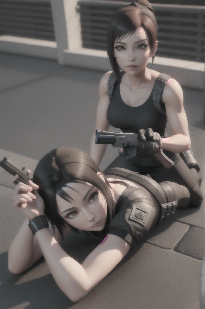 there is a woman laying on the ground with a gun, tifa, relaxed pose, tifa lockhart, kunoichi, 3 d anime realistic, anime styled 3d, tifa lockheart, 🌺 cgsociety, high definition cgsociety, realistic anime 3 d style, stunning cgsociety, daz 3d, daz 3 d, daz3d