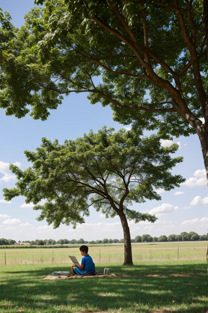 A boy sitting under a tree and holding pen and notebook 