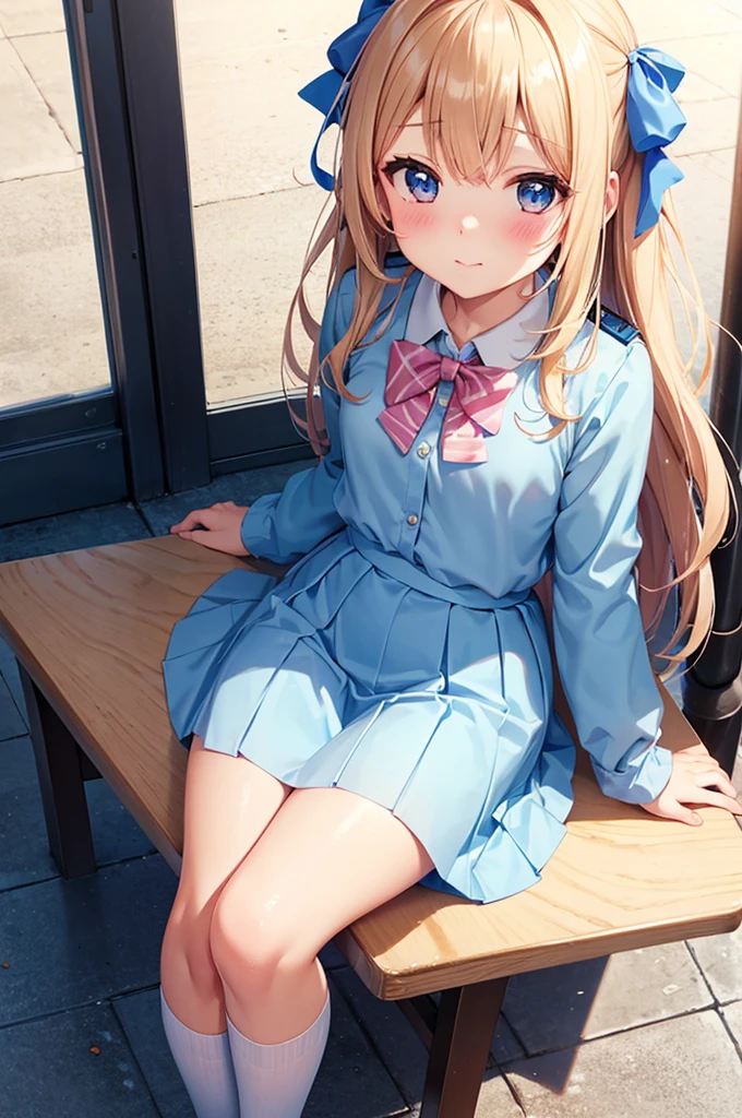 From above, (Squint your eyes:1.2), close, One Girl, blush, sit, nsfw,beautiful girl Wear a uniform, Light blue skirt, Long skirt, small bow, small bow, Anime movie