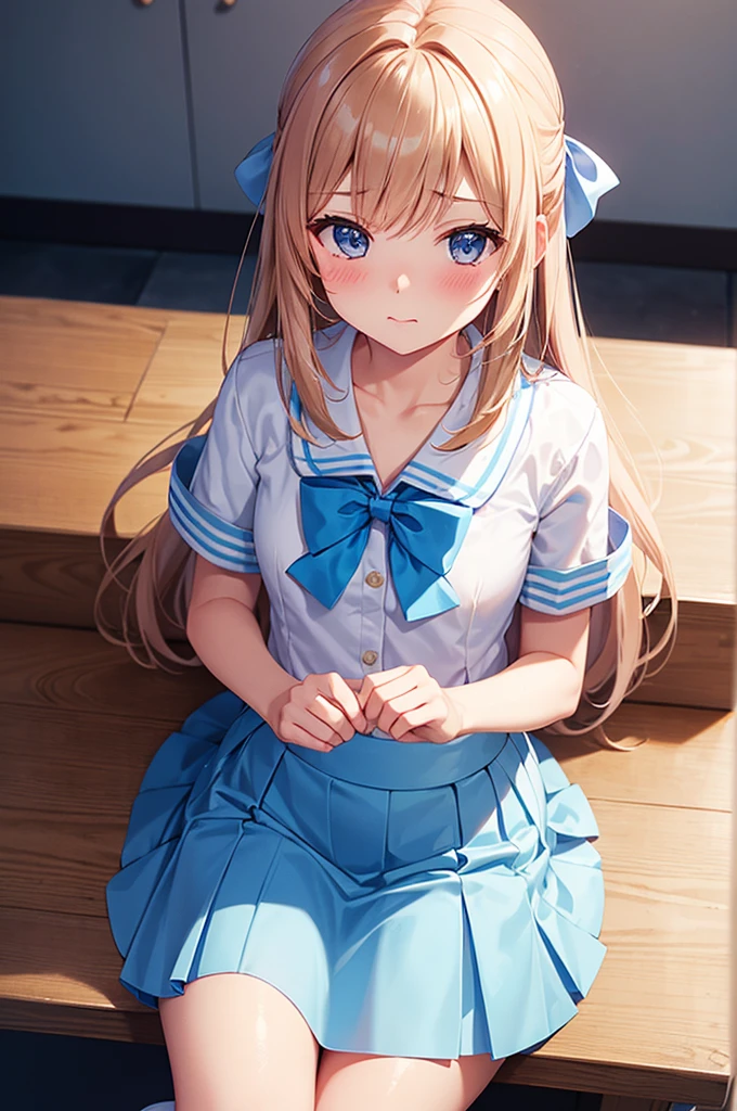 From above, (Squint your eyes:1.2), close, One Girl, blush, sit, nsfw,beautiful girl Wear a uniform, Light blue skirt, Long skirt, small bow, small bow, Anime movie
