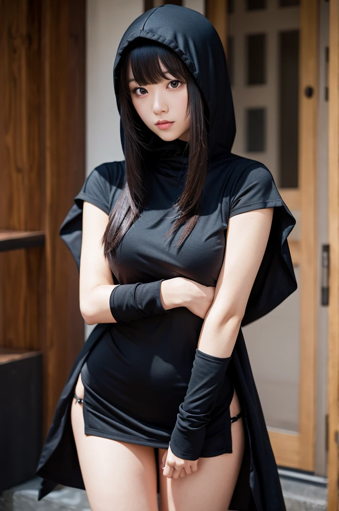 Long black hair ninja girl wearing hood tall Slightly larger breasts With bangs Thin legs