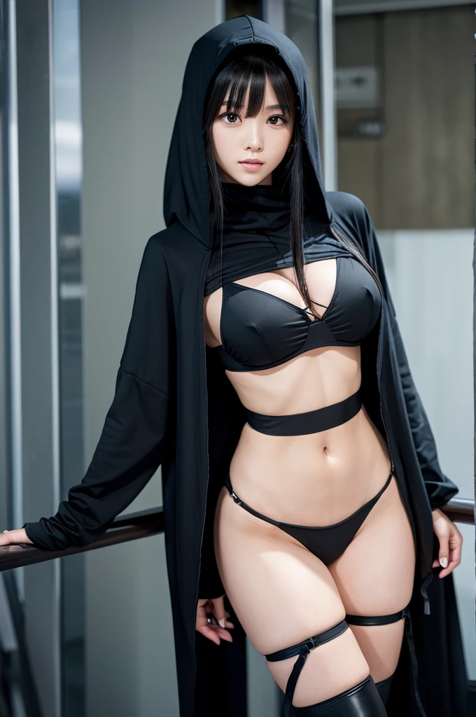 Long black hair ninja girl wearing hood　tall　Slightly larger breasts　With bangs　Thin legs