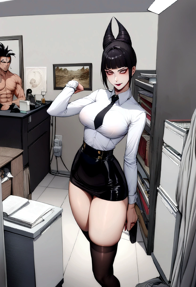 juri han, work of art, tight white secretary shirt with black tie, black high waist skirt, short skirt,stocking, black hair, black tights,evil smile,office,franja nos olhos,iluminação,chifre de cabelos,visão de cima,olhando para cima