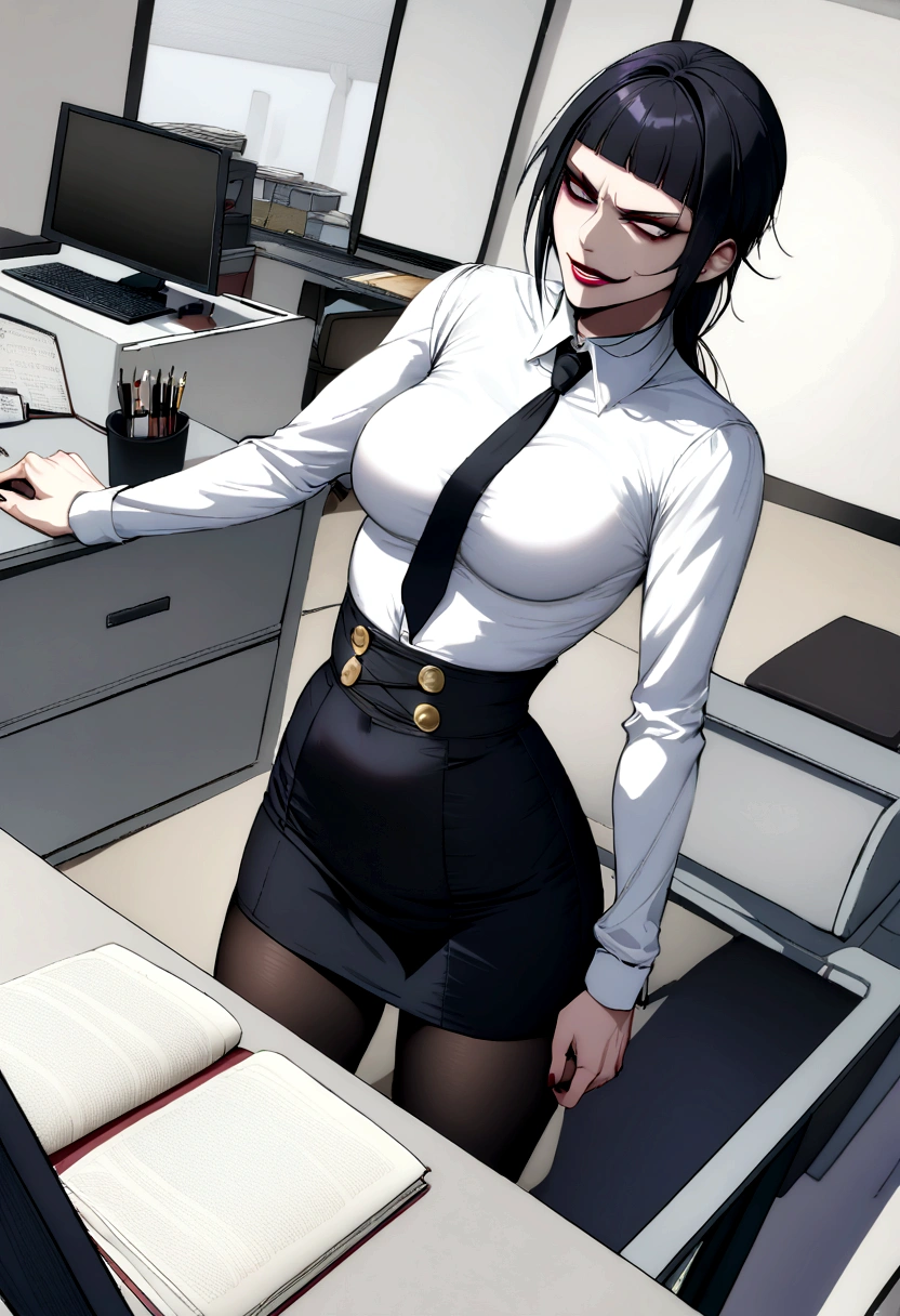 juri han, work of art, tight white secretary shirt with black tie, black high waist skirt, short skirt,stocking, black hair, black tights,evil smile,office,franja nos olhos,iluminação,chifre de cabelos,visão de cima,olhando para cima
