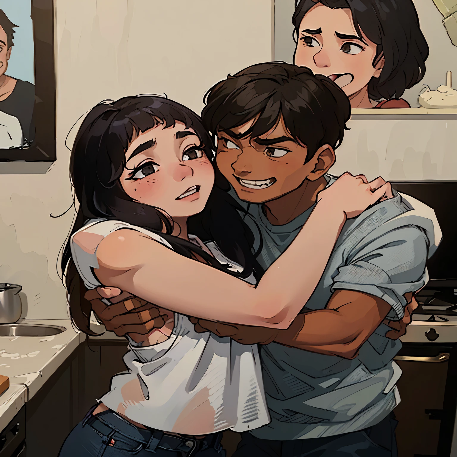 there are two people hugging each other in a kitchen, tyler edlin and natasha tan, cindy avelino, high quality film still, inspired by Adam Dario Keel, natasha tan maciej kuciara, 📷 mungojerrie and rumpleteazer, actors, finally, they are in love, still from the movie, jordan grimmer and natasha tan