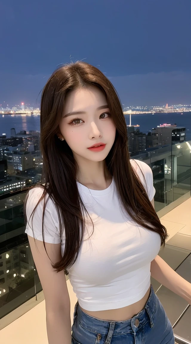 ((Midnight, Best quality, 8k, Masterpiece :1.3)), Whole body, Long legs, Sharp focus :1.2, A pretty woman with perfect figure :1.4, Slender abs :1.1, ((Dark brown hair, Big breasts :1.2)), (White tight tshirt, Jean bib, Standing:1.2), ((Night city view, Rooftop:1.3)), Highly detailed face and skin texture, Detailed eyes, Double eyelid
