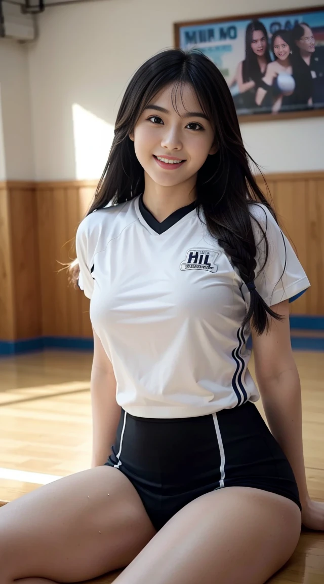 (Photorealsitic:1.4)、(hyper realisitic:1.4)、((Ultra detailed)),((super detailed skin)),((super detailed hair)),((ahoge)),(realisitic:1.3)、(Smooth lighting:1.05)、(Improved lighting quality in movies:0.9)、32K,((beatiful girl)),(smile), cow boy shot,((volleyball player)) ,((volleyball uniform)) ,(large breasts),( in the school gym),Plump,(thighs),((sweat),(random sexy pose),(drill hair),(sitting)