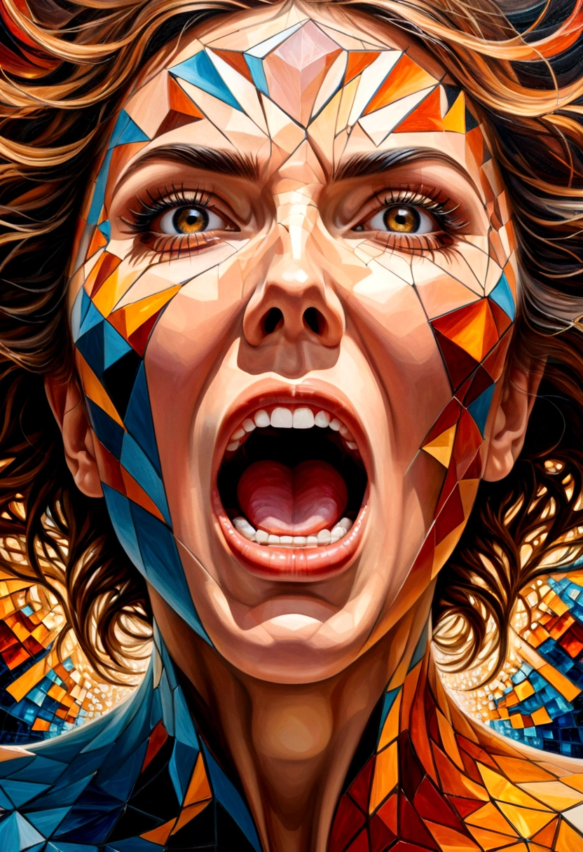 oil painting,Women's faces(Only the face that opened its mouth very wide screamed in anger.),Explosion of body parts into 3D cubes , Mosaic art, masterpiece, bright colors,  ,  Highly detailed, , fractal art, , 8K, geometric concept art, sharp line