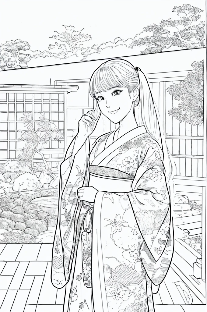 Please create a realistic ukiyo-e illustration of a cute, smiling woman in a kimono that conveys Japanese culture in various poses with (a Japanese garden in the background:1.5), using a simple black and white coloring book that even children can do. The illustration is a illustration with detailed facial features and cartoon-style visuals, (high contrast, sketch, monochrome, clean line drawings for coloring book:1.5)