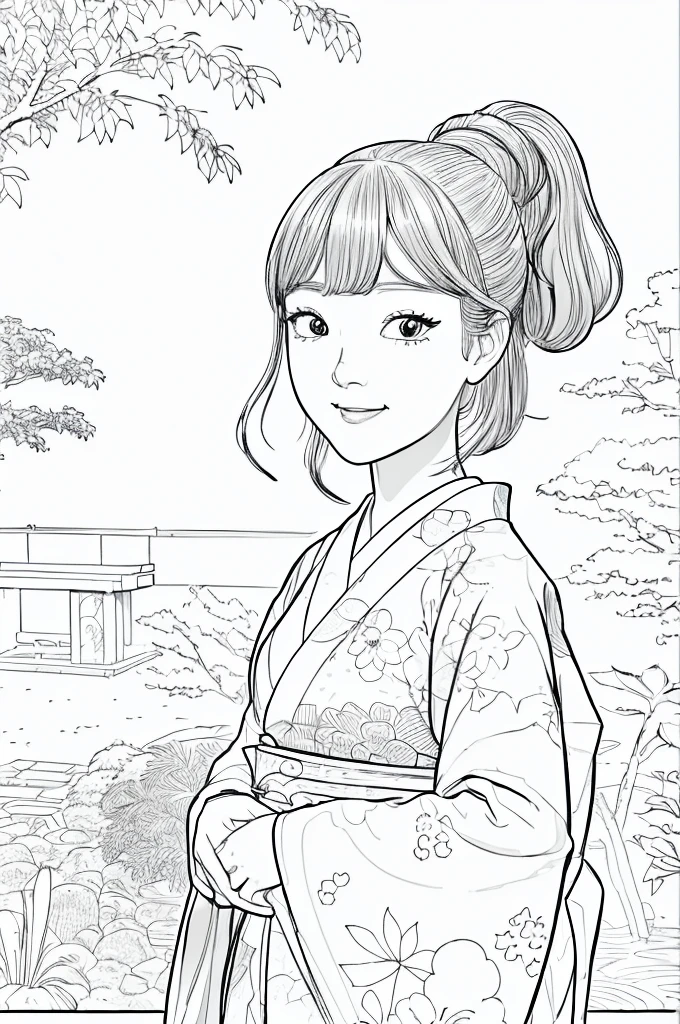 Please create a realistic ukiyo-e illustration of a cute, smiling woman in a kimono that conveys Japanese culture in various poses with (a Japanese garden in the background:1.5), using a simple black and white coloring book that even children can do. The illustration is a illustration with detailed facial features and cartoon-style visuals, (high contrast, sketch, monochrome, clean line drawings for coloring book:1.5)