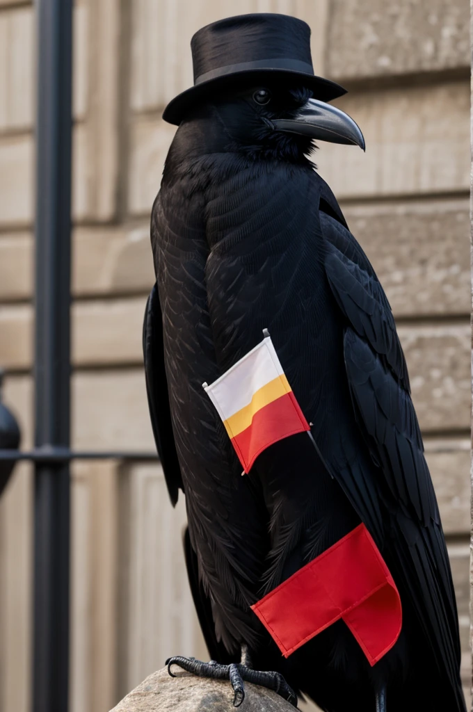 Crow in a tuxedo and a hat with a German flag