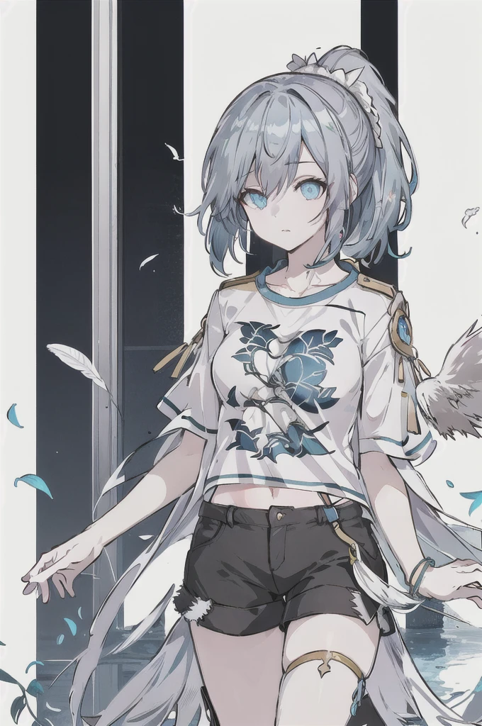 8K,high resolution,absurd,masterpiece,best quality,The original,Extremely detailed CG,Extremely detailed wallpaper,Perfect lighting,1 Girl,Vague_background,
(hutaodef:1.2),Black shorts,black h在 with h在 ,High Ponytail,Feathered Eyes,blue eyes,Gray-blue hair,Leisure,Regular Clothes,modern