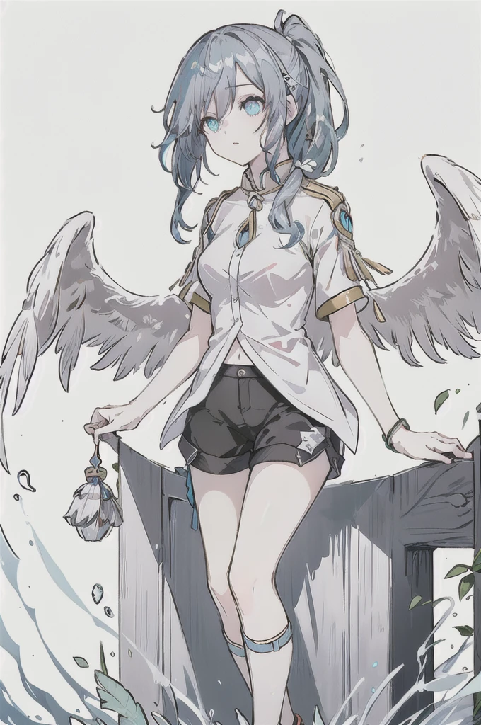 8K,high resolution,absurd,masterpiece,best quality,The original,Extremely detailed CG,Extremely detailed wallpaper,Perfect lighting,1 Girl,Vague_background,
(hutaodef:1.2),Black shorts,black h在 with h在 ,High Ponytail,Feathered Eyes,blue eyes,Gray-blue hair,Leisure,Regular Clothes,modern
