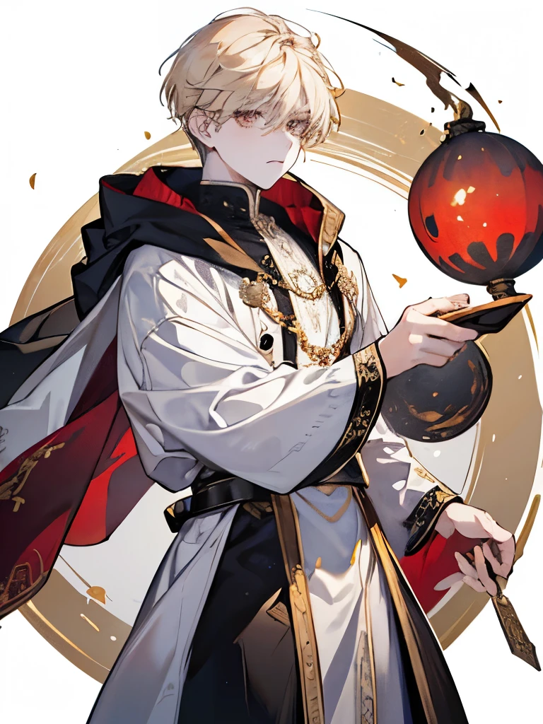 Teenage boy with short blonde hair, amber-honey eyes, a mature appearance, wearing white armor covered by a black cloak. The hair is short and wavy, with a neutral expression. The character is adorned with a full crescent moon and a waning moon necklace, as well as a red moon amethyst necklace. Manhwa style ((ONE CHARACTER))