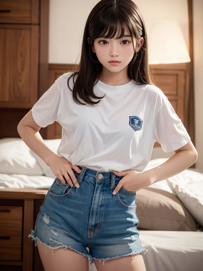 highest quality,Photo quality,Ultra-high resolution,Professional Lighting,,Beautiful face like an actress,With bangs,Sexy shorts:1.2、Amazingly cute、(((裸エプロン)))、ブラジャーが透けて見えている、キッチン、