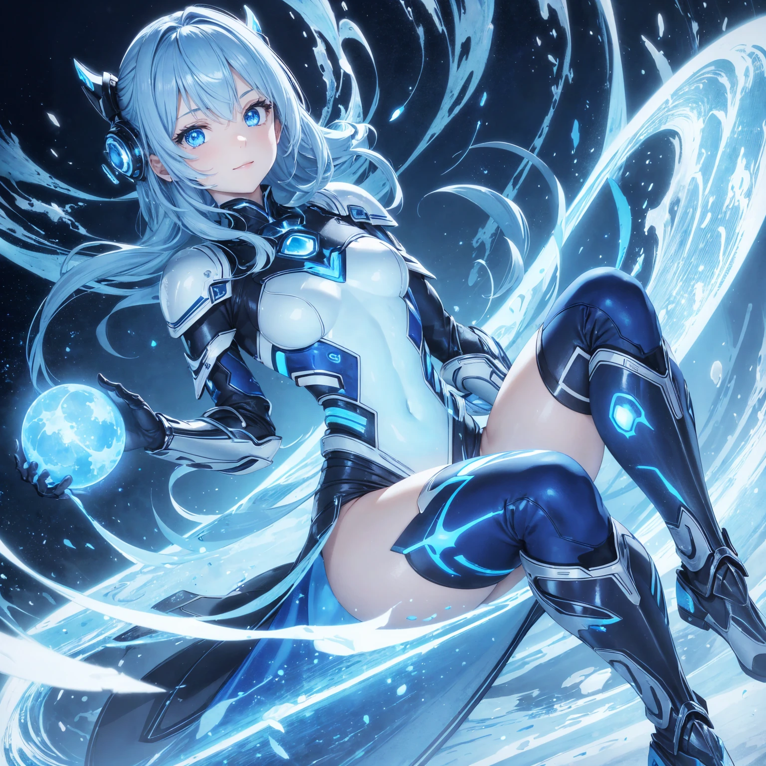 8K, Highest quality, (real:1.4), Original photo, 1 girl, Asari Hair, Biological Amplifier, Very sleek and futuristic armor, posture: Peace talks between warring factions,,attention arousal, smart blue eyes,A modest smile,Knee-high boots,Blue big moon and blue light swirl in the background,Blue light from behind,blue light magic,A small, glowing blue ball in the palm of your hand,Blue flame swirl