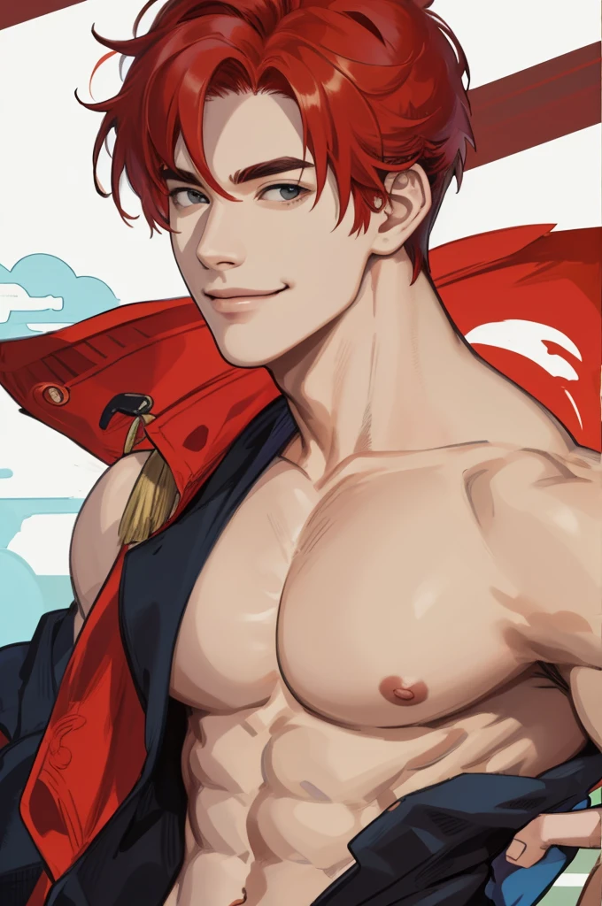 masterpiece, best quality, realistic, 1man, male focus, tall muscular, handsome, [thick eyebrows:0.5], smile, suit, portrait, extremely detailed face, red hair, (short hair), shirtless, six packs, upper body, Japanese