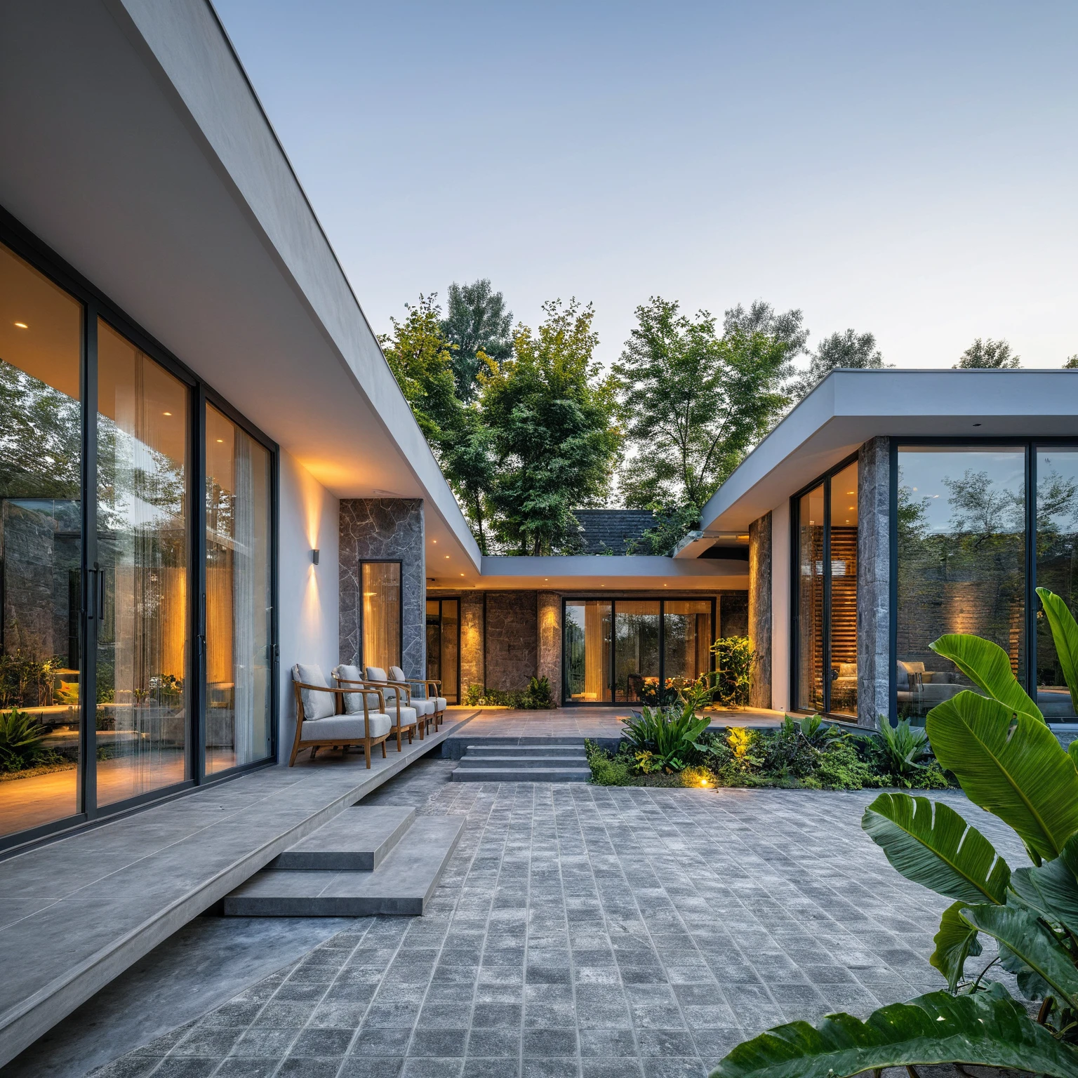 Real pictures of houses with balconies and balconies, idea houses, architectural ideas, architectural drawings, house designs, real pictures, daylight, beautiful plants, gray aluminum glass doors , interior lighting, spot light, 8k.