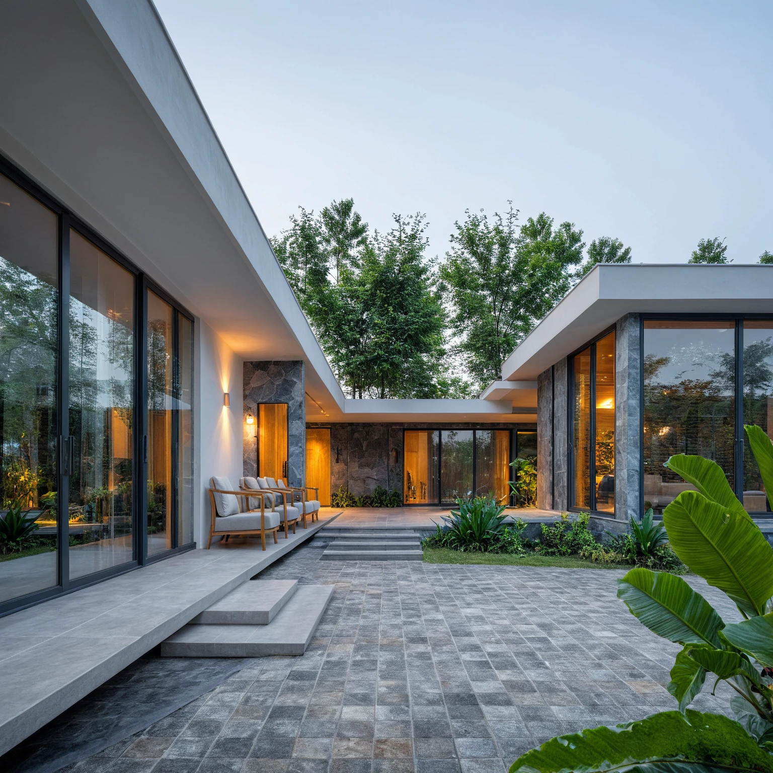 Real pictures of houses with balconies and balconies, idea houses, architectural ideas, architectural drawings, house designs, real pictures, daylight, beautiful plants, gray aluminum glass doors , interior lighting, spot light, 8k.