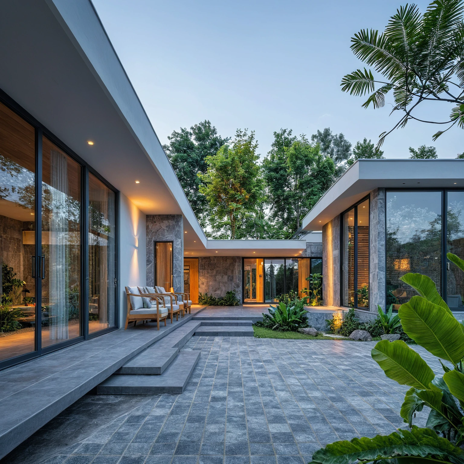 Real pictures of houses with balconies and balconies, idea houses, architectural ideas, architectural drawings, house designs, real pictures, daylight, beautiful plants, gray aluminum glass doors , interior lighting, spot light, 8k.
