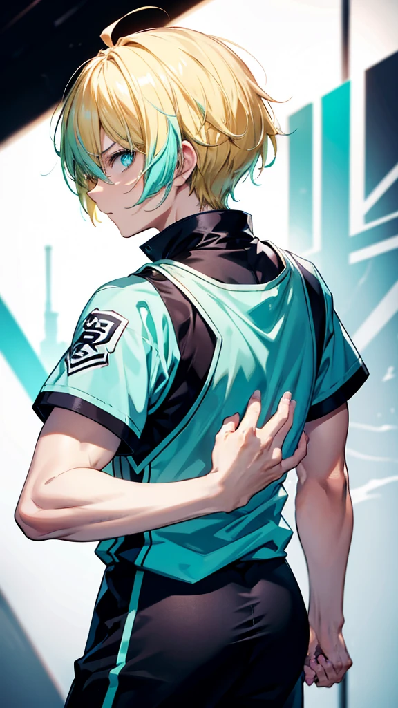 rofile background, anime boy, serious face, blond hair, cyan eyes, martial arts clothing, high-res portrait, detailed eyes and face, character, fantasy, advanced urban, looking from behind at viewer, 4K, high resolution