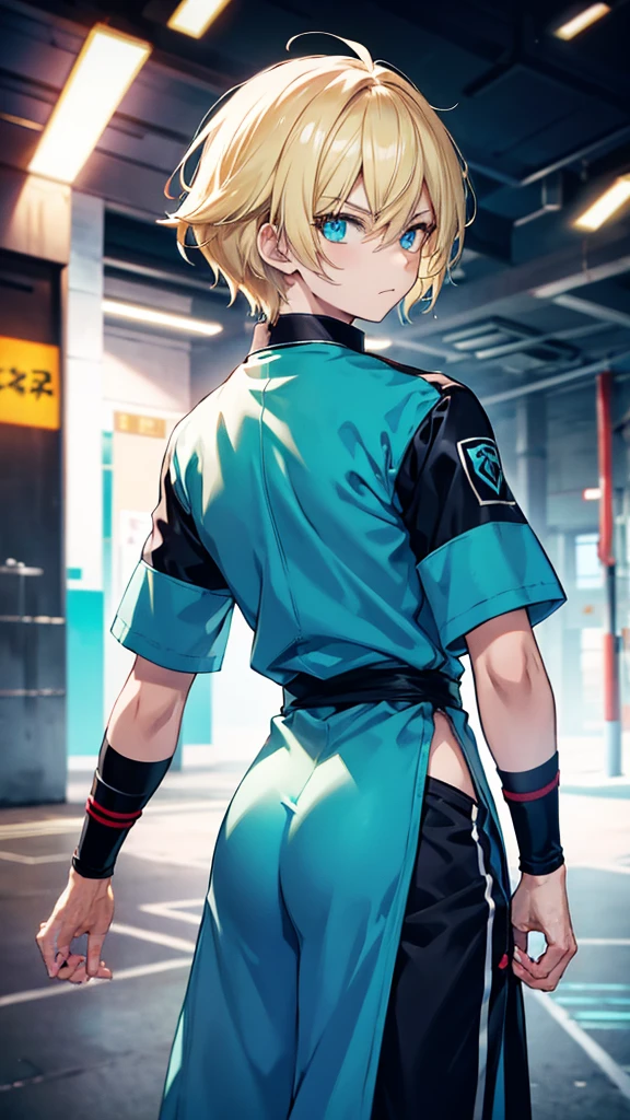 rofile background, anime boy, serious face, blond hair, cyan eyes, martial arts clothing, high-res portrait, detailed eyes and face, character, fantasy, advanced urban, looking from behind at viewer, 4K, high resolution