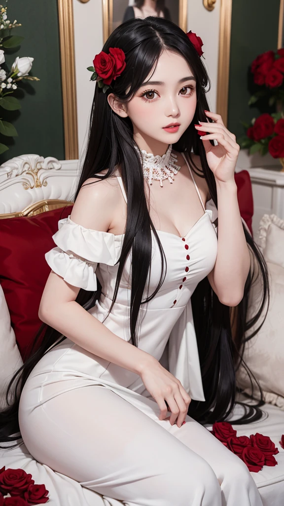 Beautiful black-haired girl with brown eyes and long hair in white dress with red roses in a luxury house photo shoot