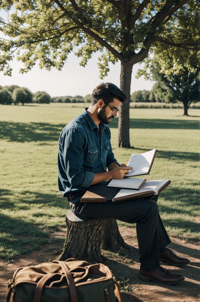 A man sitting under a tree and holding pen and notebook