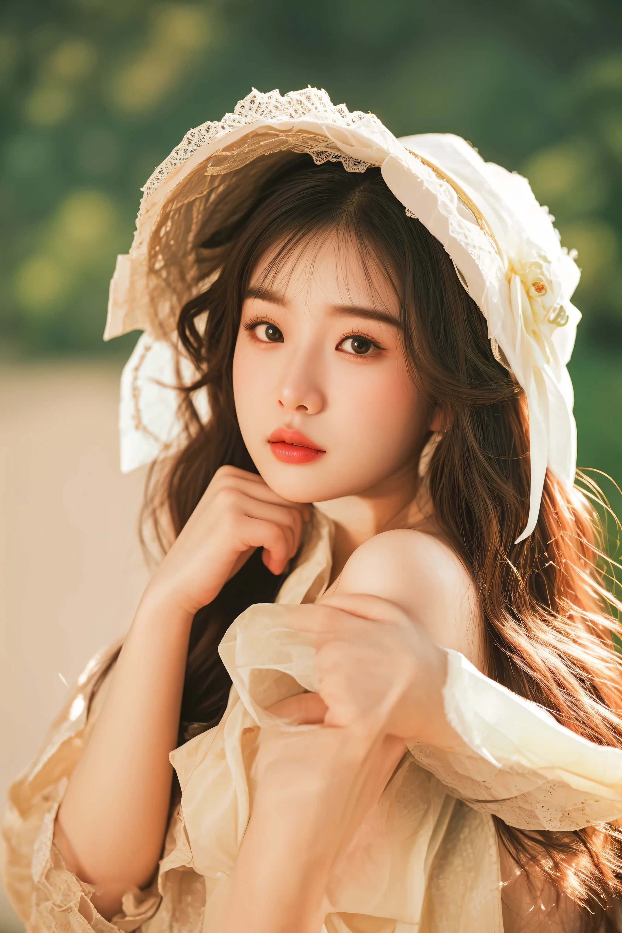 there is a young woman wearing a hat and dress posing for a picture, young cute wan asian face, soft portrait shot 8 k, portrait of female korean idol, young adorable korean face, innocent look, chinese girl, iu, young asian girl, beautiful young korean woman, beautiful south korean woman, beautiful portrait image, very pretty face, young wan angel, photoshot