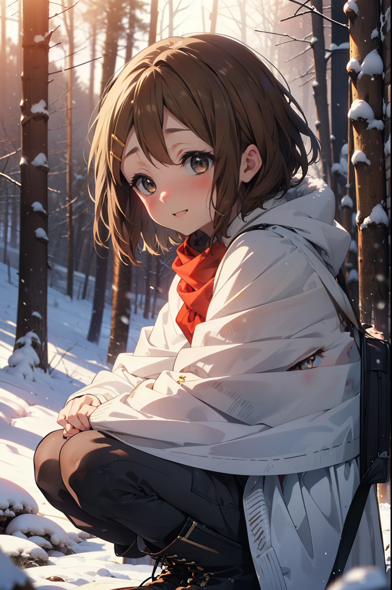 yuihirasawa, Yui Hirasawa, short hair, Brown Hair, hair ornaments, (Brown eyes:1.5), Hair Clip、smile,smile,blush,White Breath,
Open your mouth,snow,Ground bonfire,, Outdoor, boots, snowing, From the side, wood, suitcase, Cape, Blurred, , forest, White handbag, nature,  Squat, Mouth closed, Cape, winter, Written boundary depth, Black shoes, red Cape break looking at viewer, Upper Body, whole body, break Outdoor, forest, nature, break (masterpiece:1.2), Highest quality, High resolution, unity 8k wallpaper, (shape:0.8), (Beautiful and beautiful eyes:1.6), Highly detailed face, Perfect lighting, Highly detailed CG, (Perfect hands, Perfect Anatomy),