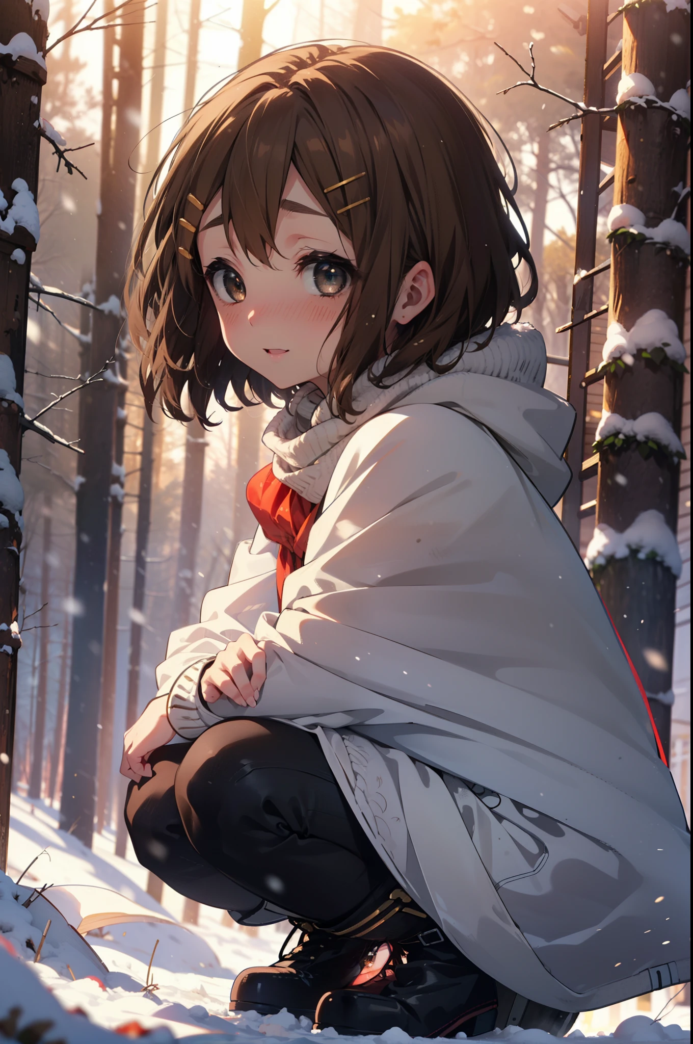 yuihirasawa, Yui Hirasawa, short hair, Brown Hair, hair ornaments, (Brown eyes:1.5), Hair Clip、smile,smile,blush,White Breath,
Open your mouth,snow,Ground bonfire,, Outdoor, boots, snowing, From the side, wood, suitcase, Cape, Blurred, , forest, White handbag, nature,  Squat, Mouth closed, Cape, winter, Written boundary depth, Black shoes, red Cape break looking at viewer, Upper Body, whole body, break Outdoor, forest, nature, break (masterpiece:1.2), Highest quality, High resolution, unity 8k wallpaper, (shape:0.8), (Beautiful and beautiful eyes:1.6), Highly detailed face, Perfect lighting, Highly detailed CG, (Perfect hands, Perfect Anatomy),