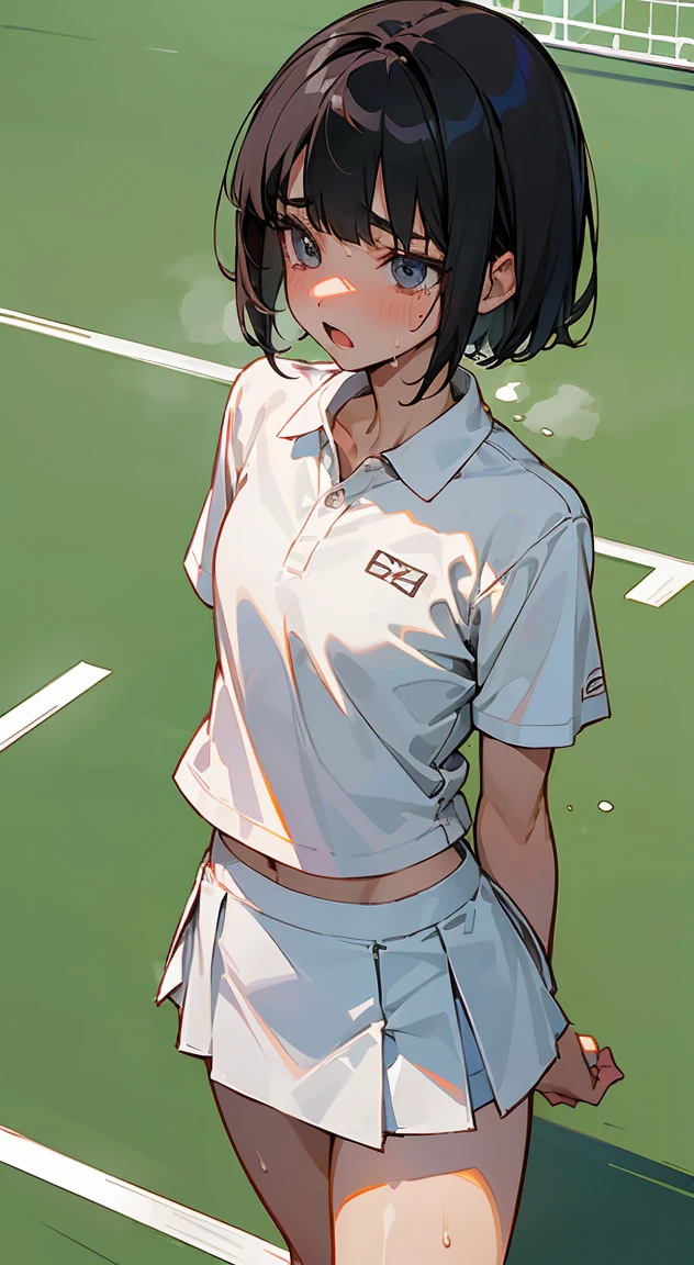 1girl, solo, white polo shirt, white sneakers, tennis wear, white miniskirt, masterpiece, best quality, realistic, hyper-detailed, (shiny skin, sweaty:1.4), absurd, looking at viewer, short black hair, brown eyes, slender, dynamic lighting, high resolution, sharp focus, depth of field, detailed eyes, sharp pupils, realistic pupils, (small breasts:1.6), (thick thighs:1.0), outdoor, sky --auto