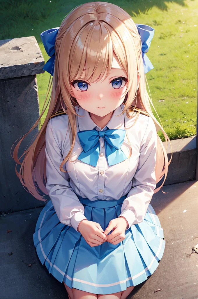 From above, (Squint your eyes:1.2), close, One Girl, blush, sit, nsfw,beautiful girl Wear a uniform, Light blue skirt, Long skirt, small bow, small bow, Anime movie
