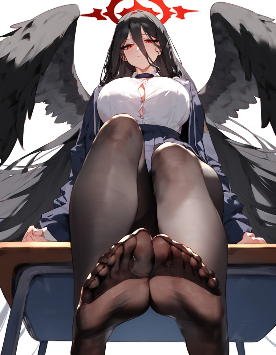 score_9, score_8_up, score_7_up, score_6_up, 1girl, breasts, at school, sit on desk, hasumi \(blue archive\), rhalo, black hair, long hair, hair between eyes, very long hair, , big breasts, she has black wings, , alternate costume, school outfit,,,, ,pantyhose, below view ,,, detailed foots, foot focus,sit, foots to viewer,