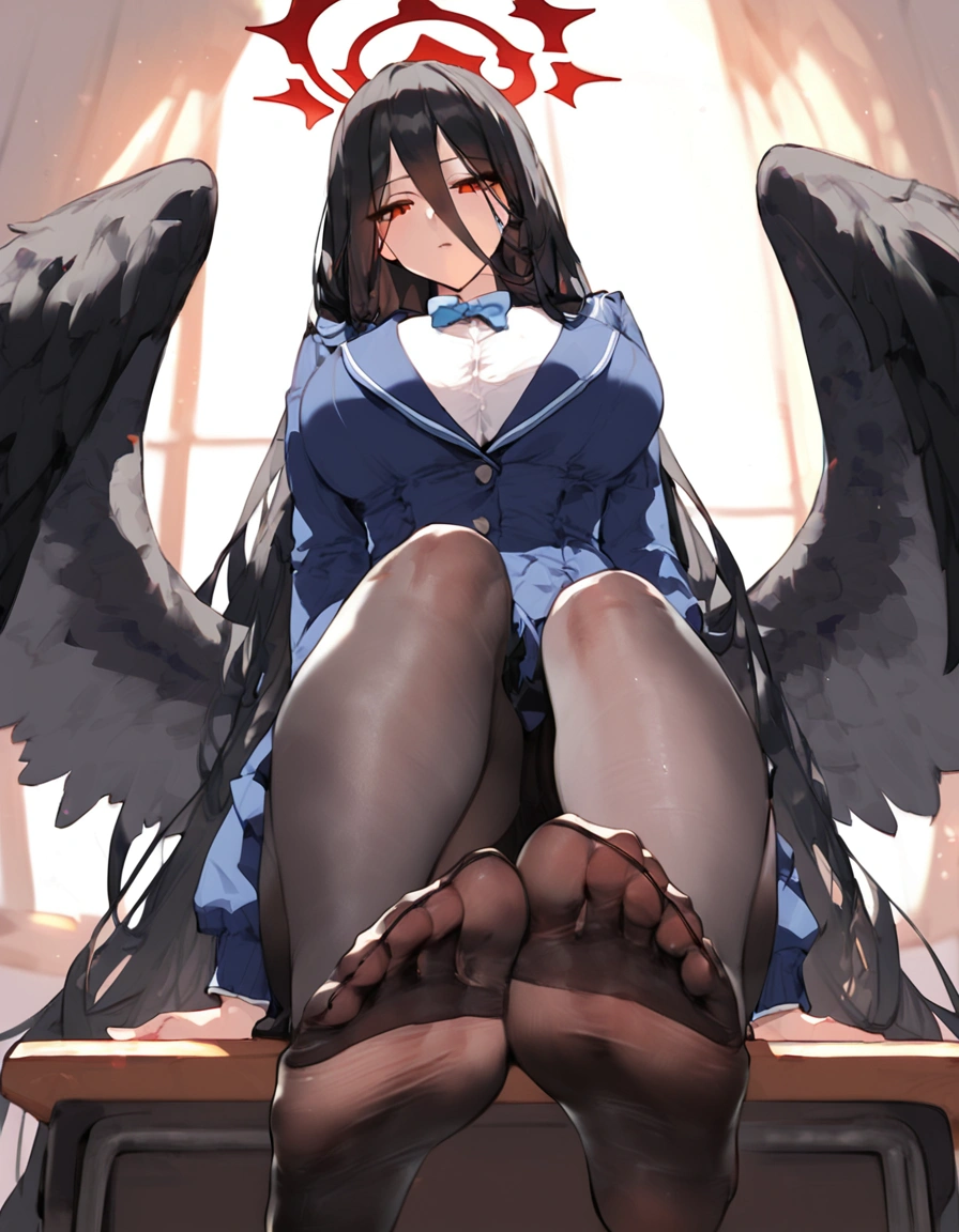 score_9, score_8_up, score_7_up, score_6_up, 1girl, breasts, at school, sit on desk, hasumi \(blue archive\), rhalo, black hair, long hair, hair between eyes, very long hair, , big breasts, she has black wings, , alternate costume, school outfit,,,, ,pantyhose, below view ,,, detailed foots, foot focus,sit, foots to viewer,