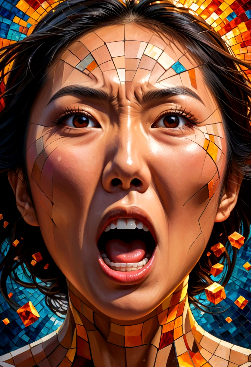 oil painting,Asian woman face(Only the face that opened its mouth very wide screamed in anger.),Explosion of body parts into 3D cubes , Mosaic art, masterpiece, bright colors,  ,  Highly detailed, , fractal art, , 8K, geometric concept art, sharp line