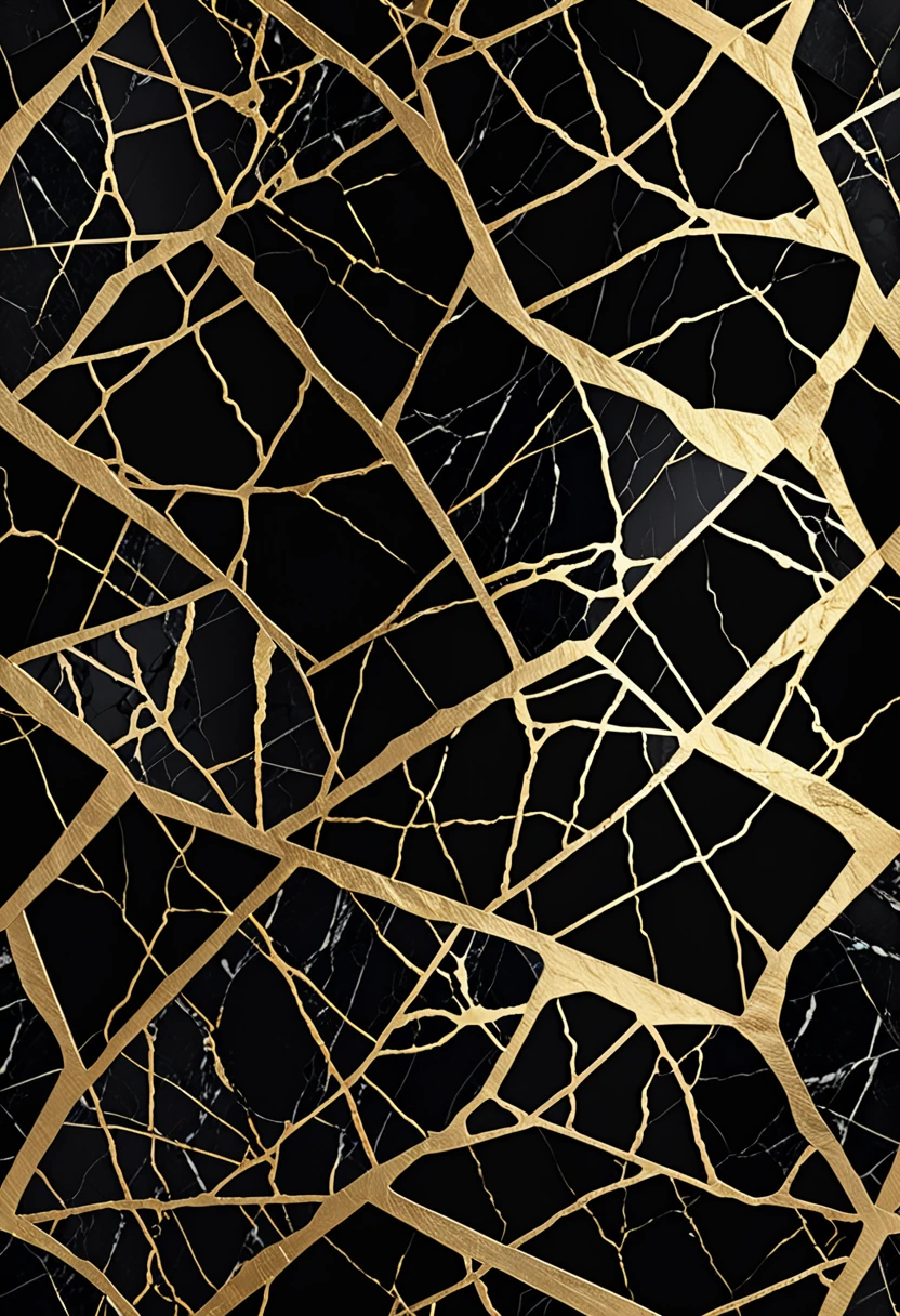 Patterns that imitate the texture of marble, giving a touch of luxury and sophistication. The design features black marble with gold veins. The golden veins intertwine elegantly on the black background, creating an effect of luxury and refinement. The texture is rich and detailed, capturing the characteristic depth and shine of natural marble. The neutral background enhances the contrast between deep black and bright gold, creating a sophisticated and modern look. This pattern is ideal for spaces seeking an elegant and distinctive aesthetic, evoking a feeling of opulence and exclusivity., Abstract expressionism, UHD, masterpiece, accurate, super detail, 16k