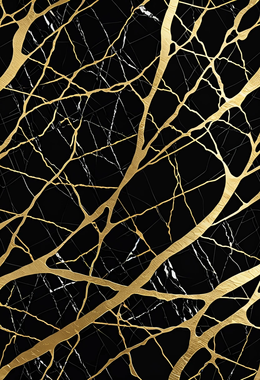 Patterns that imitate the texture of marble, giving a touch of luxury and sophistication. The design features black marble with gold veins. The golden veins intertwine elegantly on the black background, creating an effect of luxury and refinement. The texture is rich and detailed, capturing the characteristic depth and shine of natural marble. The neutral background enhances the contrast between deep black and bright gold, creating a sophisticated and modern look. This pattern is ideal for spaces seeking an elegant and distinctive aesthetic, evoking a feeling of opulence and exclusivity., Abstract expressionism, UHD, masterpiece, accurate, super detail, 16k
