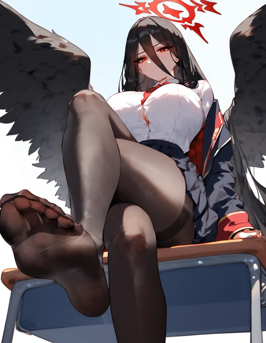 score_9, score_8_up, score_7_up, score_6_up, 1girl, breasts, at school, sit on desk, hasumi \(blue archive\), rhalo, black hair, long hair, hair between eyes, very long hair, , big breasts, she has black wings, , alternate costume, school outfit,,,, ,pantyhose, below view ,,, detailed foots, foot focus,sit, foots to viewer,