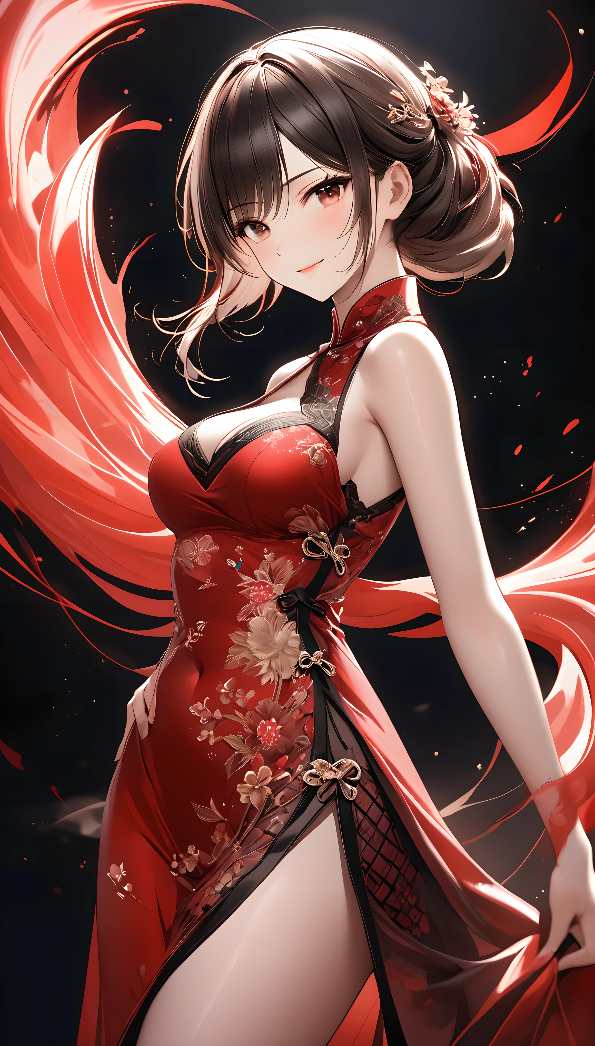 ((Super Retina XDR display)), Transparent full color,
A woman wearing a long, elegant Chinese dress, Luxurious silk texture, Glossy shine, Very smooth, Flexible material that fits snugly against the skin, Fantastic red color, Clear fresh blood, Anatomically correct,
BREAK Full color that highlights human skin, Side slits on the legs, Supple and flexible silk fibers,
BREAK Golden Collar, Lace Material,
BREAK Color separation, Gorgeous embroidery, Three-dimensional patterns, Traditional weaving, Seamless stitching, A different color than the dress, Only the embroidery thread is black iron color,
BREAK Fine and fresh skin texture, Detailed, Moisturizing and firm softness, Elastic cleavage, Smooth lower chest, Realistic gradient,
BREAK Height:170cm, body weight:49㎏, breasts 82cm, waist 59cm, hip 84cm, vital statistics,
BREAK A smile that seduces the viewer, (Dynamic full body shot:1.3, ankle in of frame:1.2, Shooting from the back), Surprise and impress all your viewers,
Mischievous Smile, Eyes of disgust, Hot gaze, Disdainful look, Eyes that see into the viewer's inner self, Domination from women, blush,
BREAK Fascinating brown eyes, Strong and fleeting, (Aesthetic and transparent:1.5), (Glossy feel:1.5),
BREAK Aesthetic adult sexiness, Fascinating cleavage, Exposed shoulders and back, charm, Fascinating, Absurd aesthetics,
BREAK A dark background that makes the subject stand out, Emphasize, A transparent and fantastic space, Splattering fresh blood, Captivate your audience,
BREAK Dramatic Cinematic Lighting, A bold and powerful composition,
BREAK Fantasy space show, Swirling Impulse, Extremely transparent red mist,
BREAK Techniques to captivate your audience, Transparent full color, Exquisite and delicate brushwork, Top quality photo printing,
BREAK Seductive aesthetic eyes, blush, Luxury and luxurious long length, Side slits on the legs, A mean woman I met in the dark, High Contrast,
