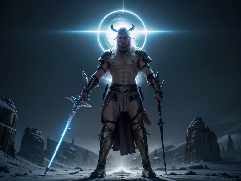 A white Viking man with two laser swords, confident and with an intense gaze, wearing futuristic armor with shiny details, in an inhospitable landscape on a hostile planet, full body, facing a two-headed monster, snake hair ornament, cinematic lighting, super detail, anatomically correct, UHD, retina