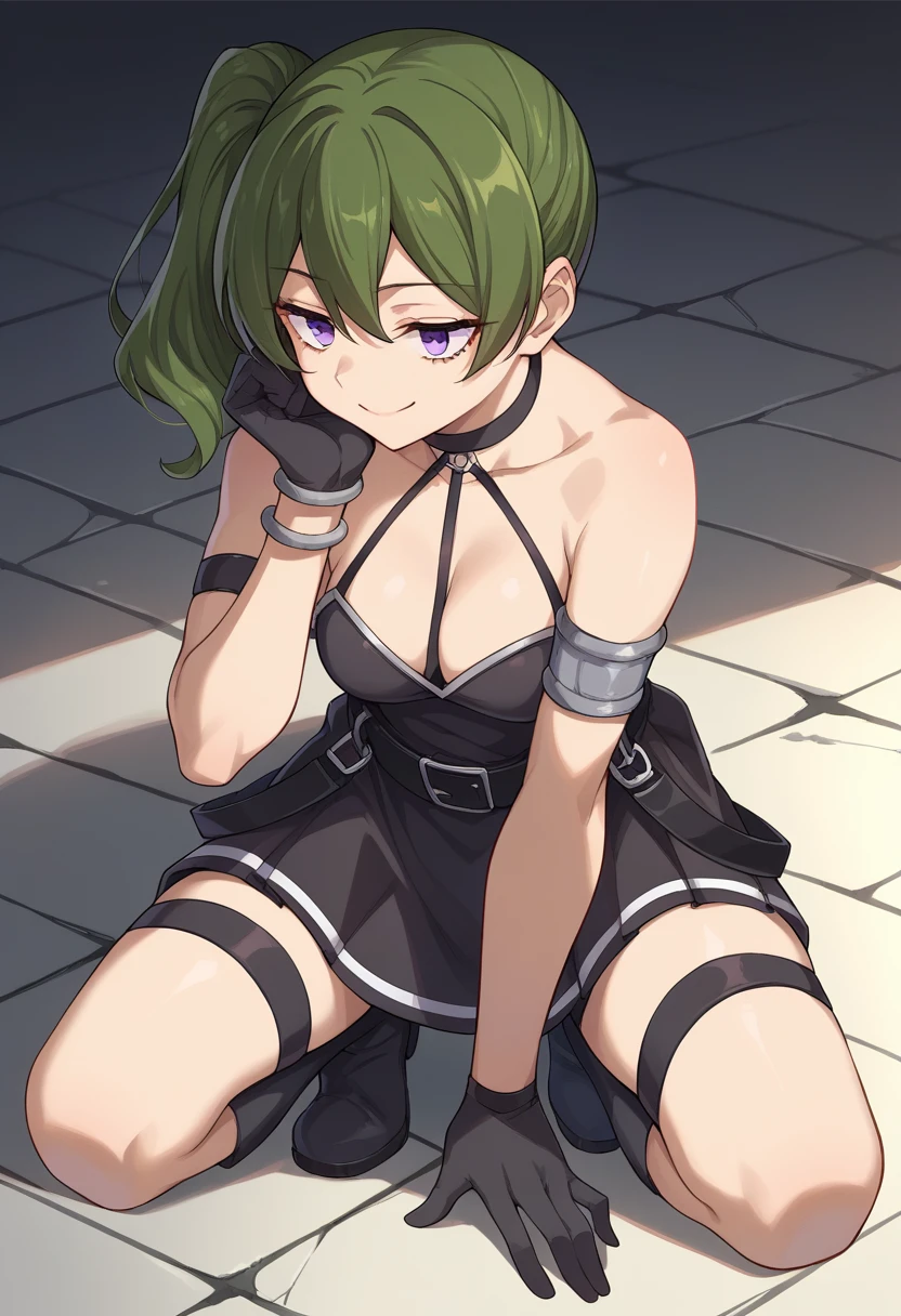 ((topless)),score_9, score_8_superior, sauce_anime, One girl, alone, Bad Freeze, Purple eyes, dark green hair, Medium Hair, Side Ponytail, Black Choker, Arm strap, Bracelet, Black Dress, halter dress, Cleavage, Short dress, belt, No sleeve, One-handed gloves, Black gloves, Thigh straps, Black knee boots, smile, squat, On the floor, dark. Dungeons, Ishigaki, Stone floor, Headrest, 