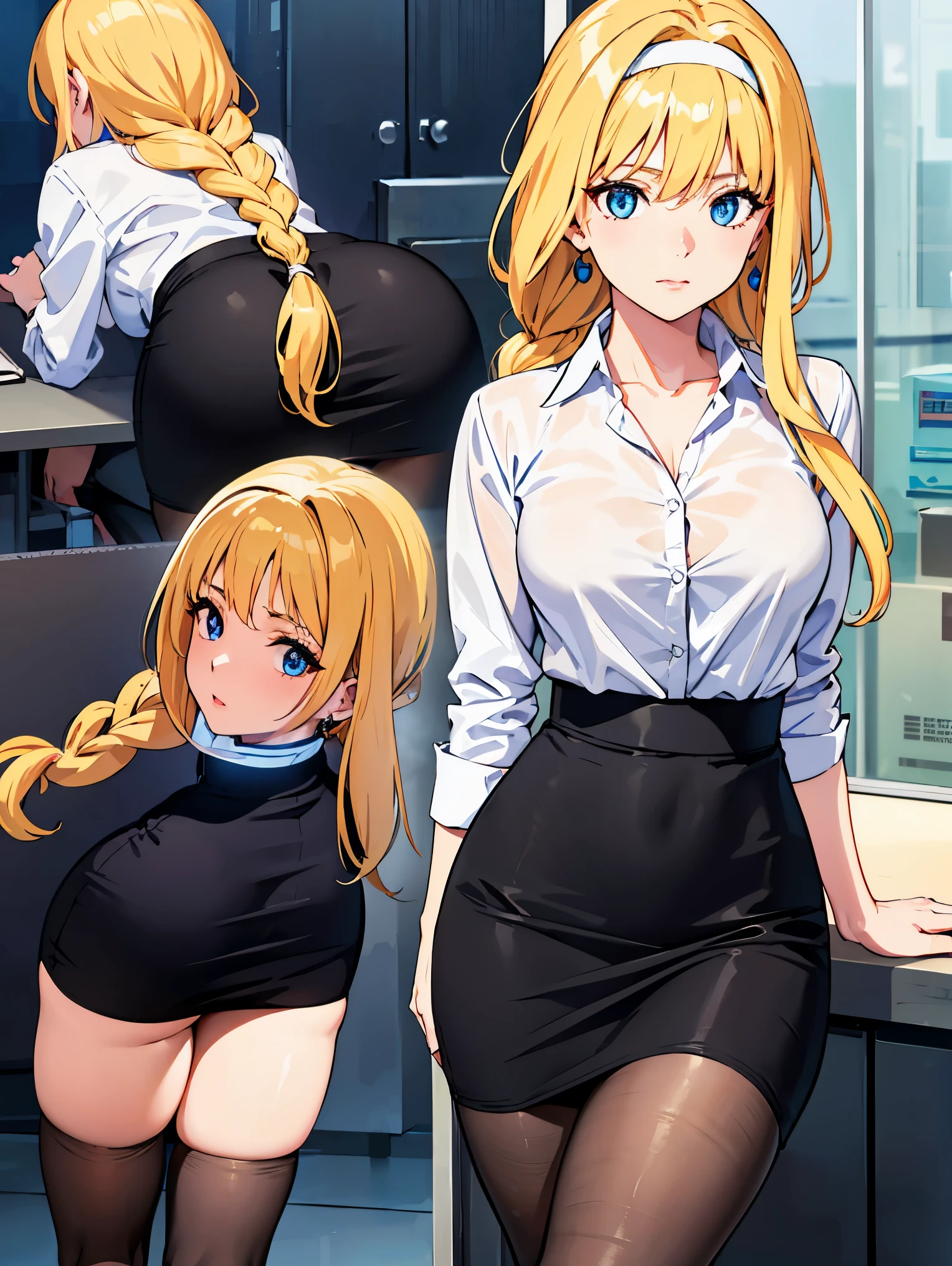 1girl, alice zuberg, bangs, blue eyes, blonde hair, hair between eyes, very long hair, braid, hairband, white hairband,
BREAK (business suit, dress shirt, earrings, formal, high heels, jacket, miniskirt, office lady, open collar, pencil skirt, shirt, skirt, suit:1.2)
BREAK (masterpiece:1.2), best quality, high resolution, unity 8k wallpaper, (illustration:0.8), (beautiful detailed eyes:1.6), extremely detailed face, perfect lighting, extremely detailed CG, (perfect hands, perfect anatomy),