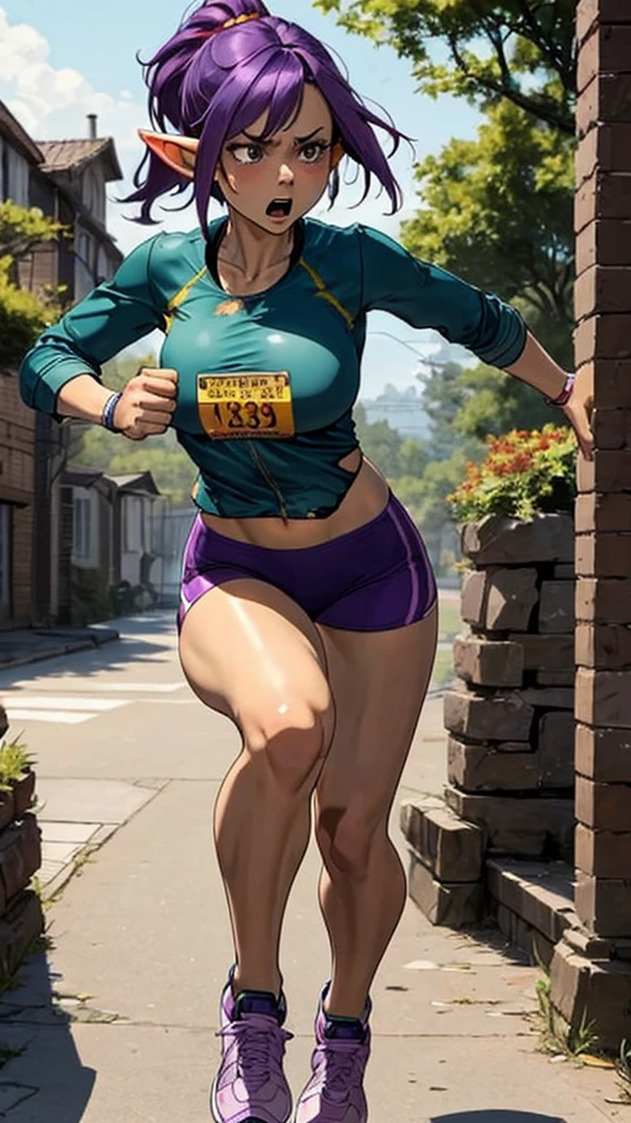 (1 woman alone) cavewoman attire, torn clothing, "female goblin" purple hair, large breasts, expression of shame, ((("running pose"))))) expression of fear 