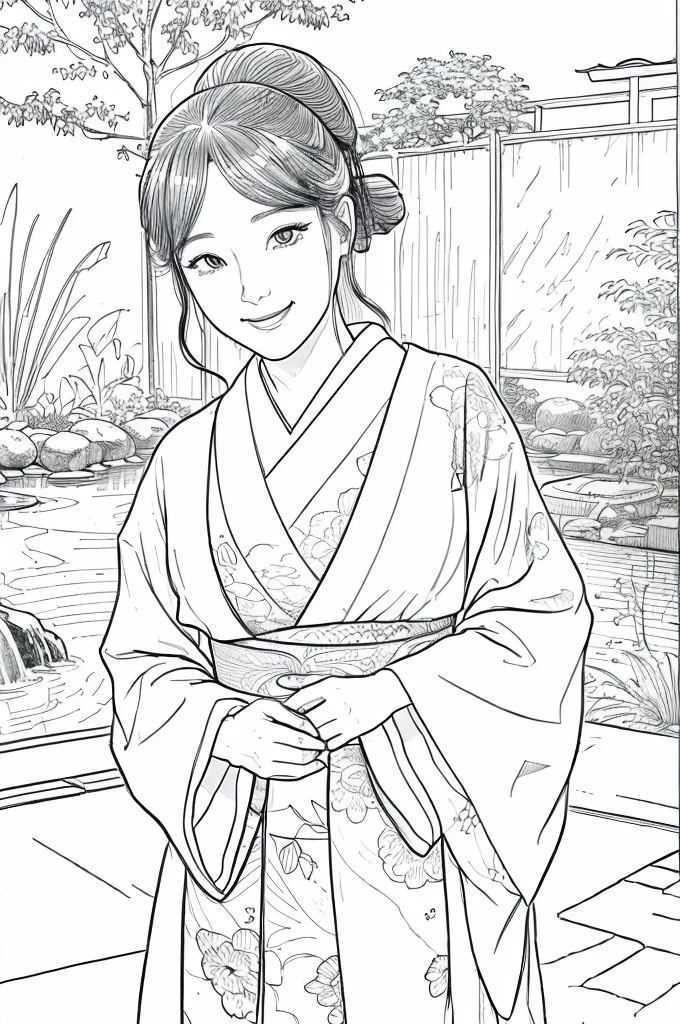 Please create a realistic ukiyo-e illustration of a cute, smiling woman in a kimono that conveys Japanese culture in various poses with (a Japanese garden in the background:1.5), using a simple black and white coloring book that even children can do. The illustration is a illustration with detailed facial features and cartoon-style visuals, (high contrast, sketch, monochrome, clean line drawings for coloring book:1.5)