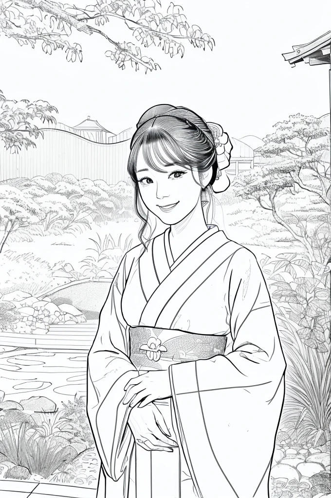 Please create a realistic ukiyo-e illustration of a cute, smiling woman in a kimono that conveys Japanese culture in various poses with (a Japanese garden in the background:1.5), using a simple black and white coloring book that even children can do. The illustration is a illustration with detailed facial features and cartoon-style visuals, (high contrast, sketch, monochrome, clean line drawings for coloring book:1.5)