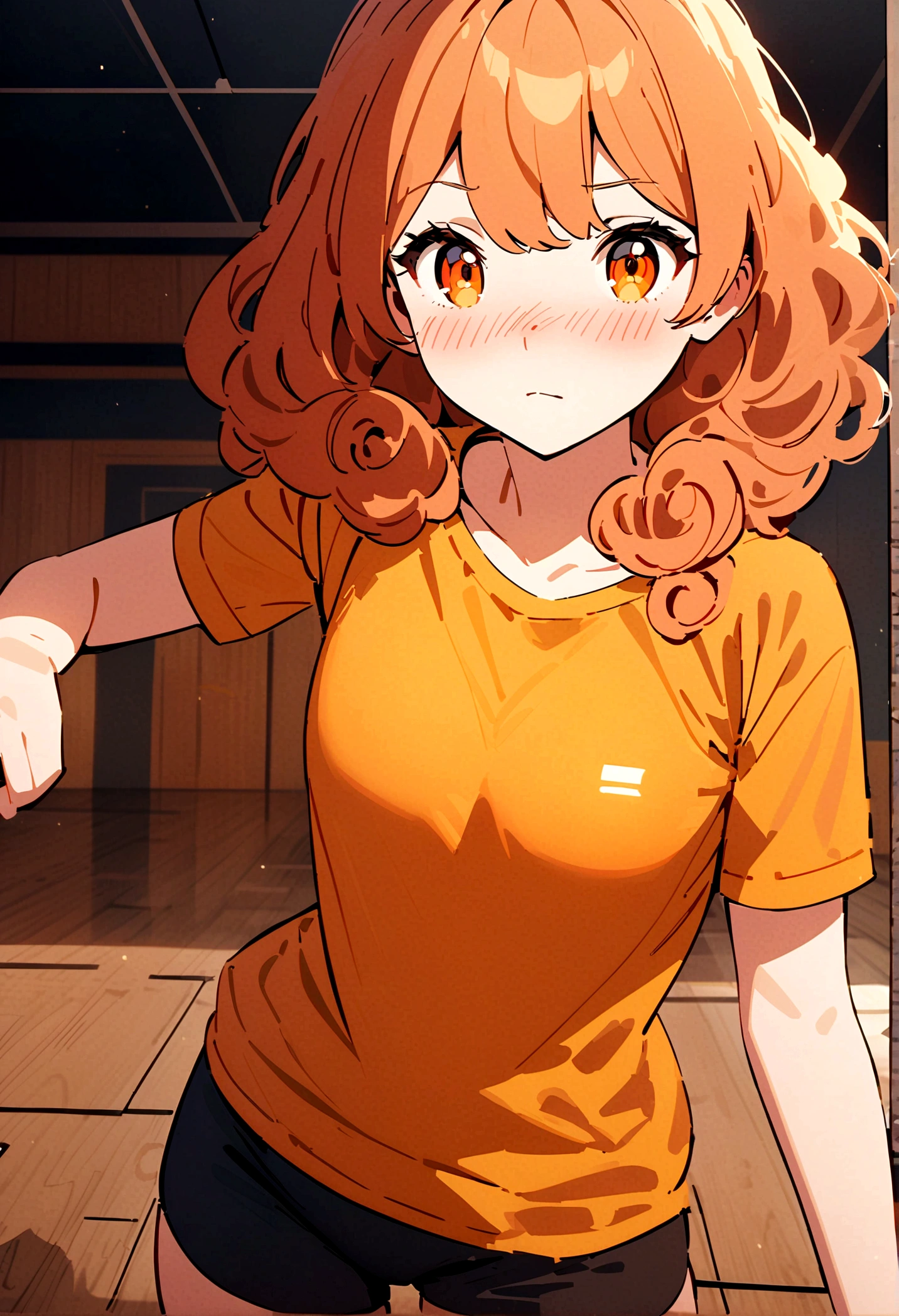 A beautiful woman, orange eyes, (Blushing Nose), detailedeyes, cinematic, 0.6 orange long curly hair, defined body, wearing boxer clothes (((super strong)), work of art, best qualityer, ultra detali, floor, background gym, eyeshadows, sharp contrast